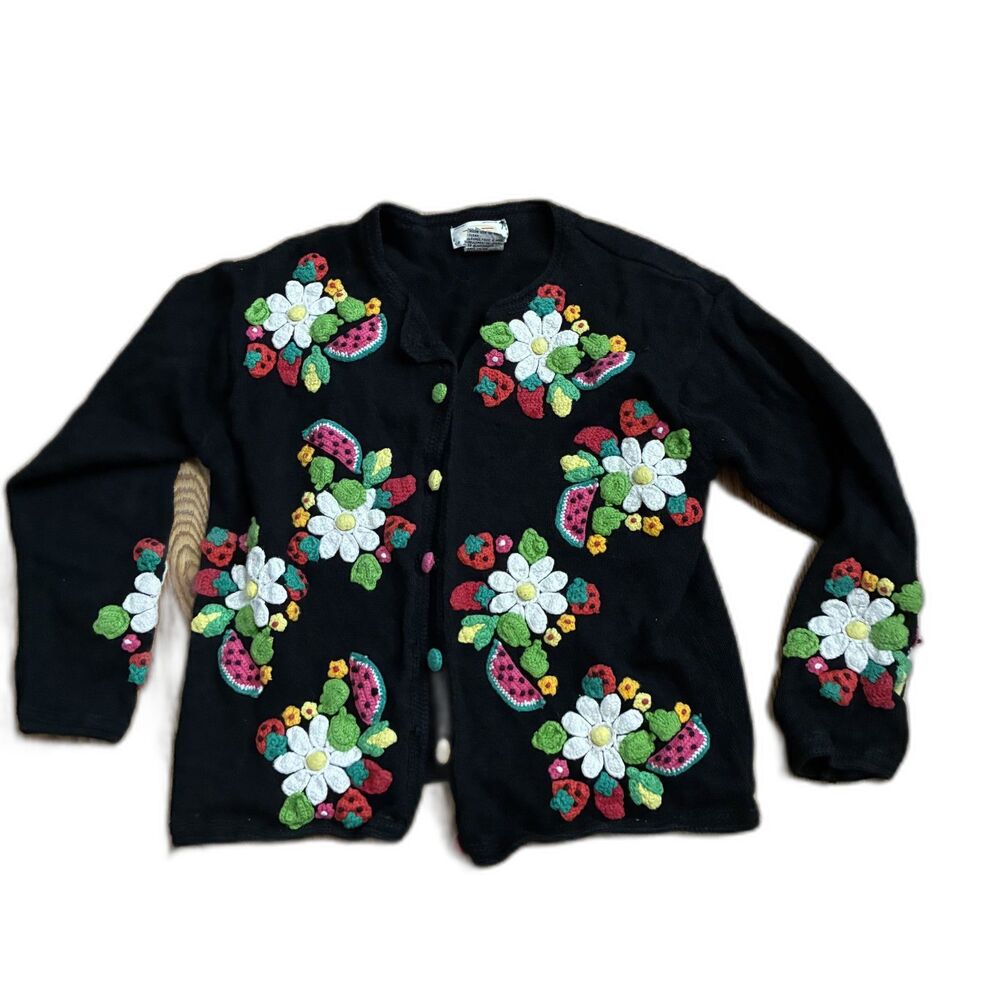 Vintage Talbots Petite S Black Cotton Floral Embroidered Cardigan Cottagecore